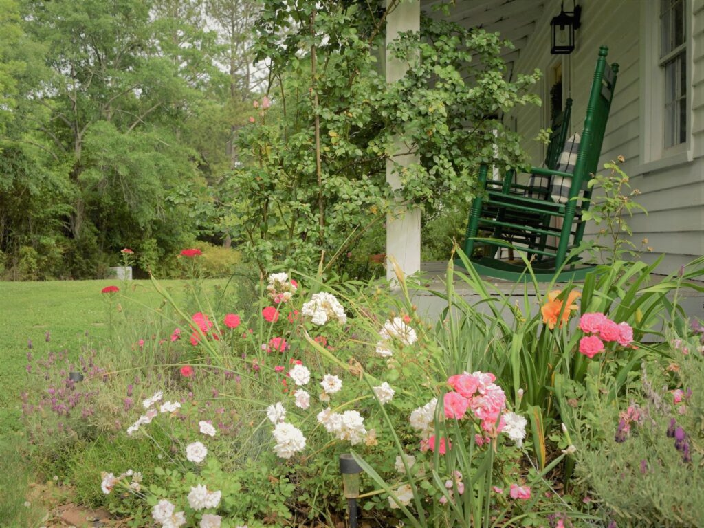 how to grow a cottage garden in the south, front porch rocking chairs