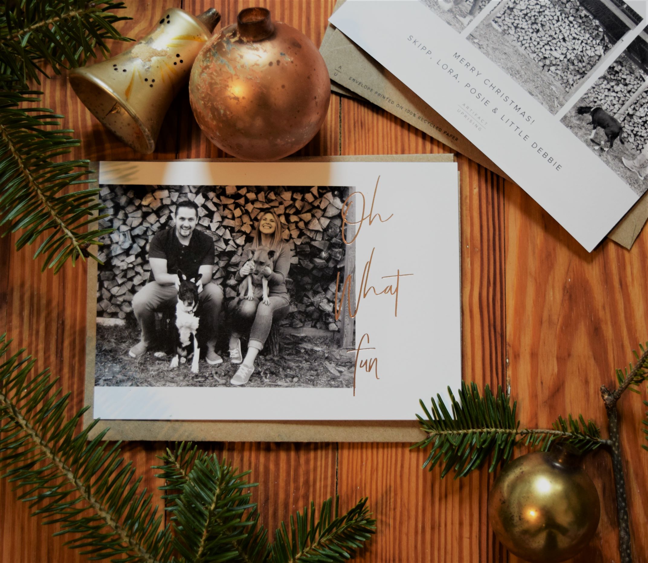 how to take the perfect Christmas card photo, wood, vintage ornaments, black and white, cute, with pets, personality , unique