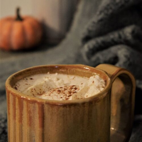 pumpkin white hot chocolate pottery mug fall cozy drinks beverage recipe