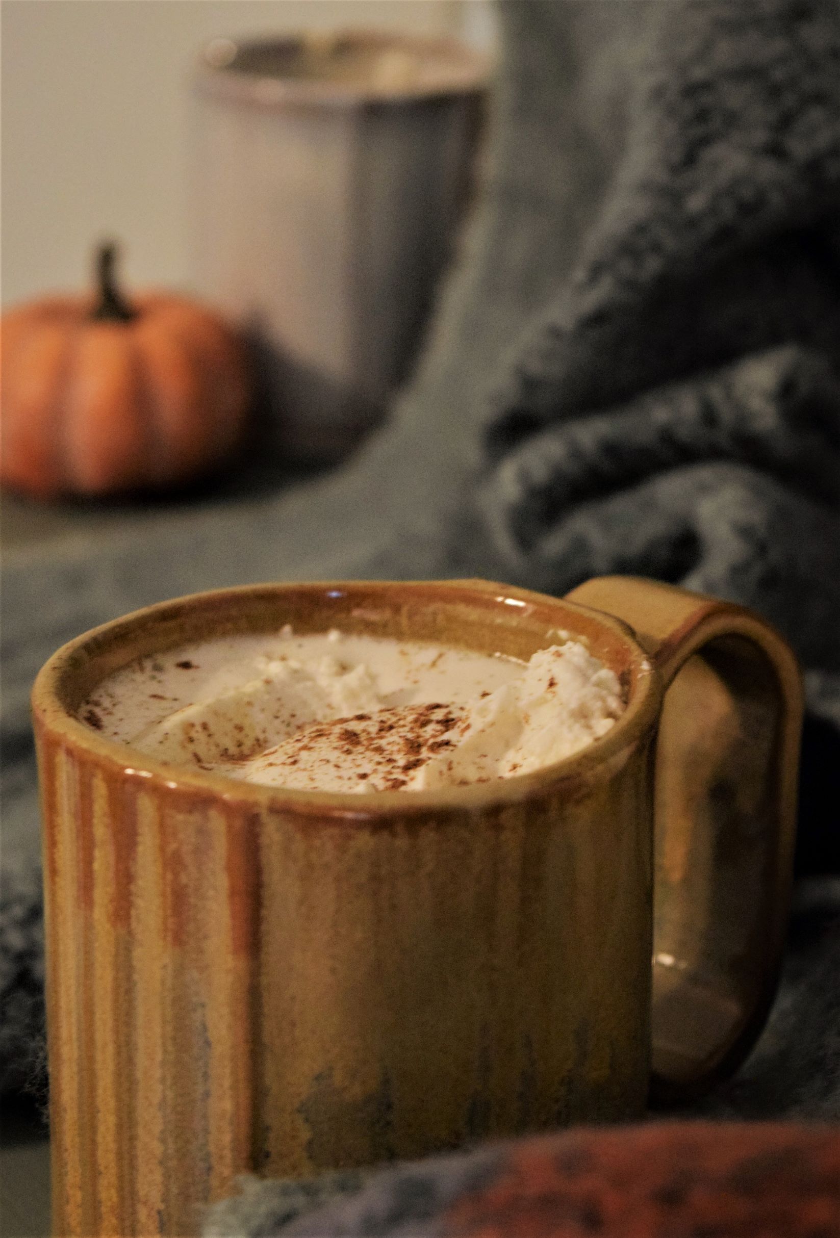 pumpkin white hot chocolate pottery mug fall cozy drinks beverage recipe
