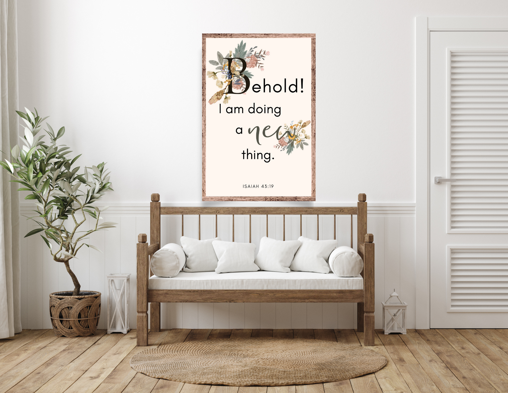 spring printable wall art, wild hares, giles south studio, digital download, bible verse, scripture, religious, inspirations, floral, flowers, bench farmhouse wood foyer, olive tree, modern rustic, refined, white interior design