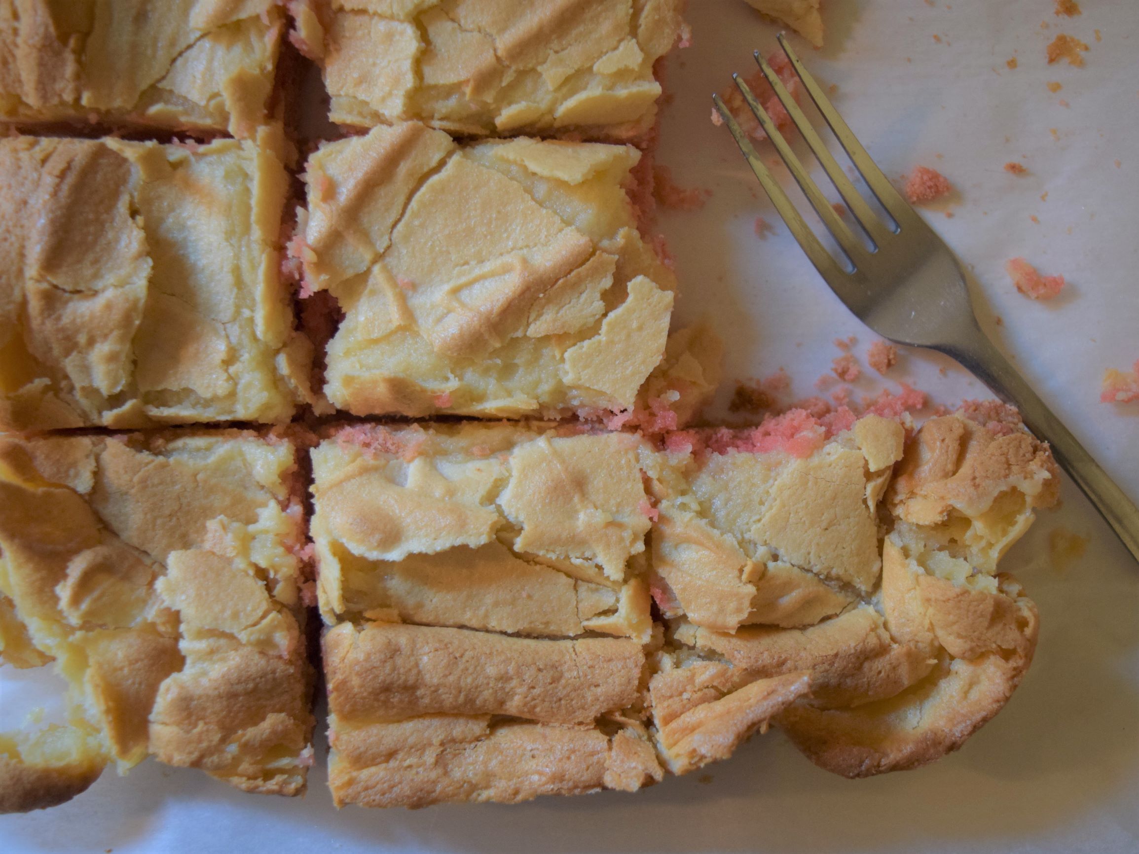 Strawberry Ooey-Gooey Butter Bars, fork, lay flat