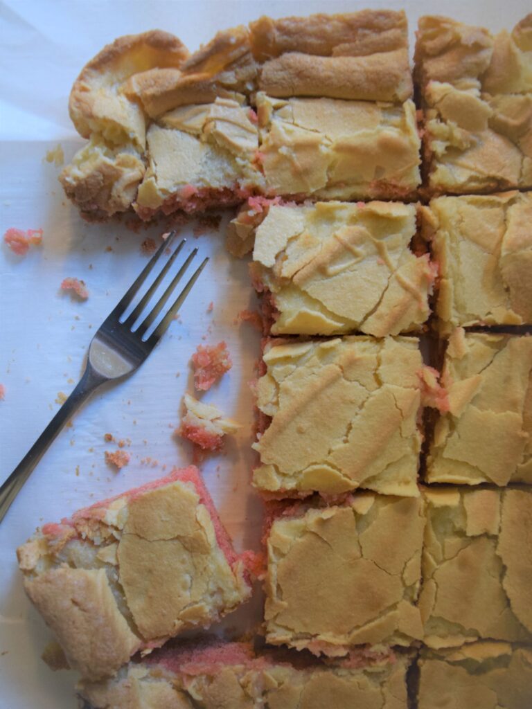 Strawberry Ooey-Gooey Butter Bars, fork, lay flat