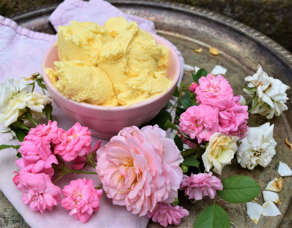 Easy Mango Frozen Yogurt, giles south, southern slow living, roses, yellow and pink, summer, spring, fresh, easy, simple recipe, dessert, fruit, silver tray, antiques, flowers