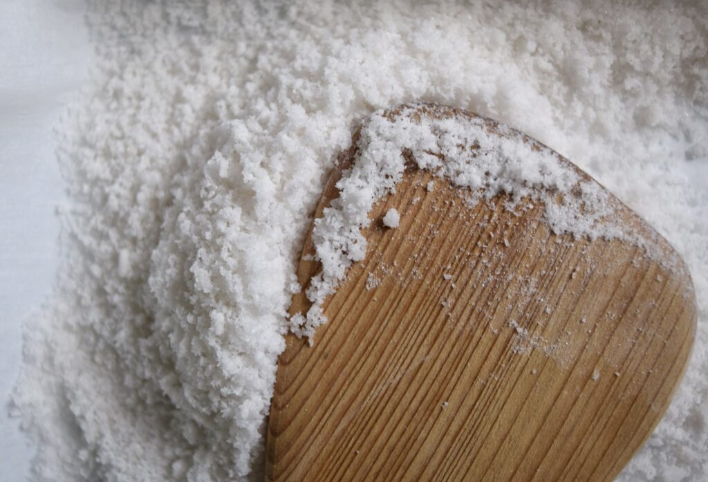 homemade sea salt, wooden spatula