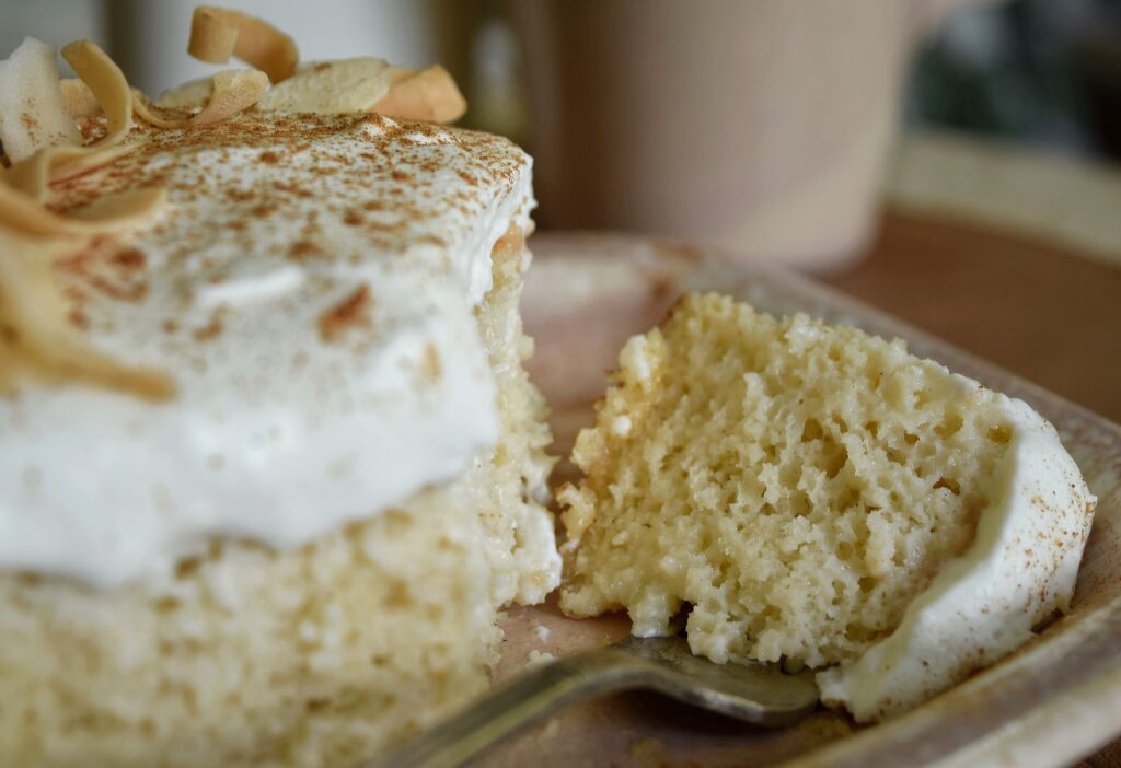 Coconut tres leches cake, pink plate, dessert, tropical summer, vintage, slow home, food