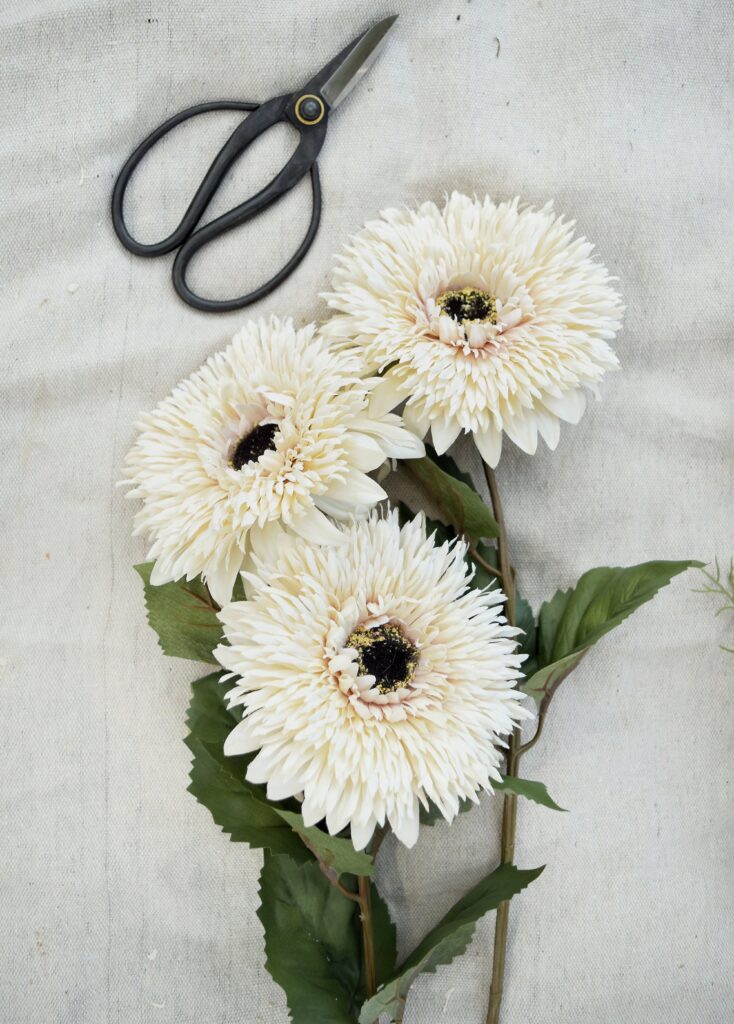 fall florals, white sunflower with modern black clippers on canvas backdrop, clean and minimalist, wreath supplies