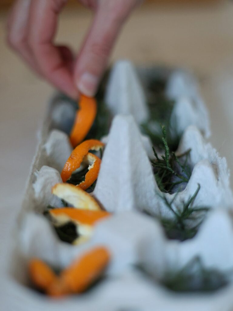 orange and evergreen fire starters, handmade, winter fall craft project, vintage lusterware bowl, cedar